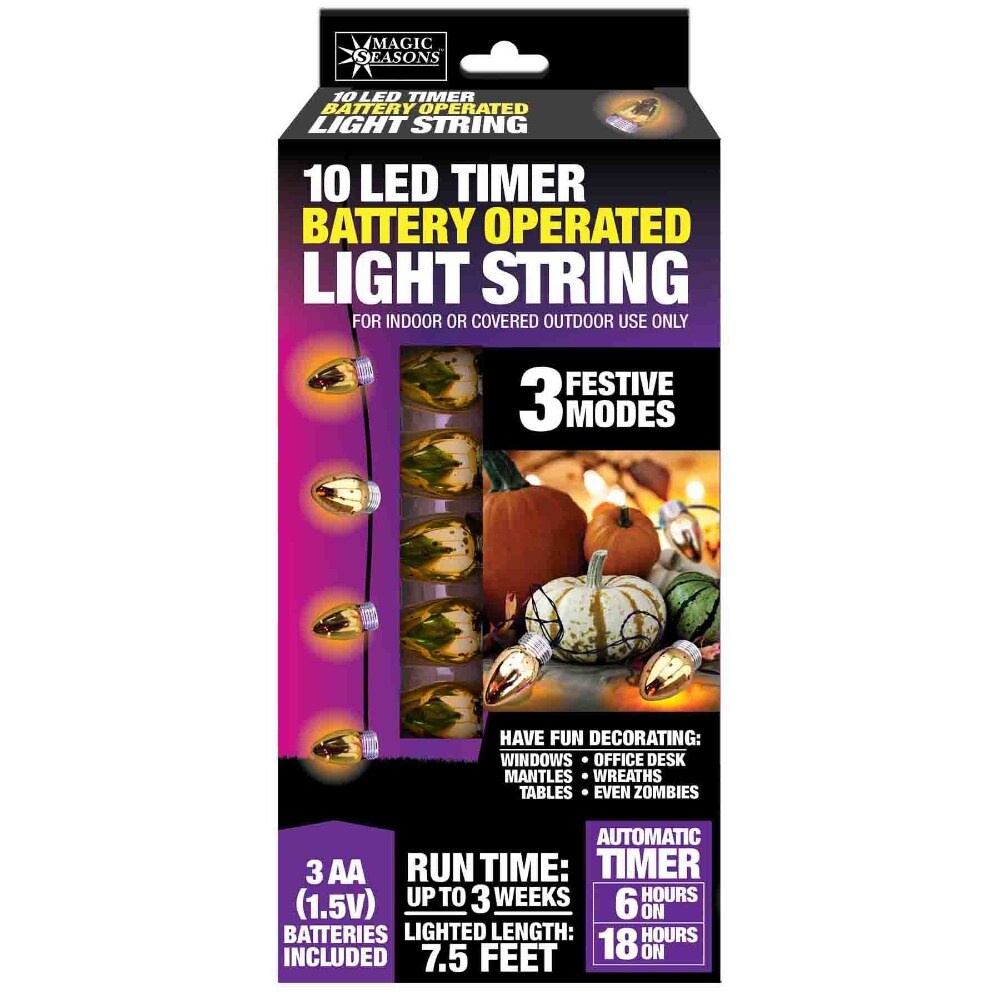 slide 1 of 1, Magic Seasons Halloween 10-Led Timer Battery Operated String Light - Orange, 7.5 ft