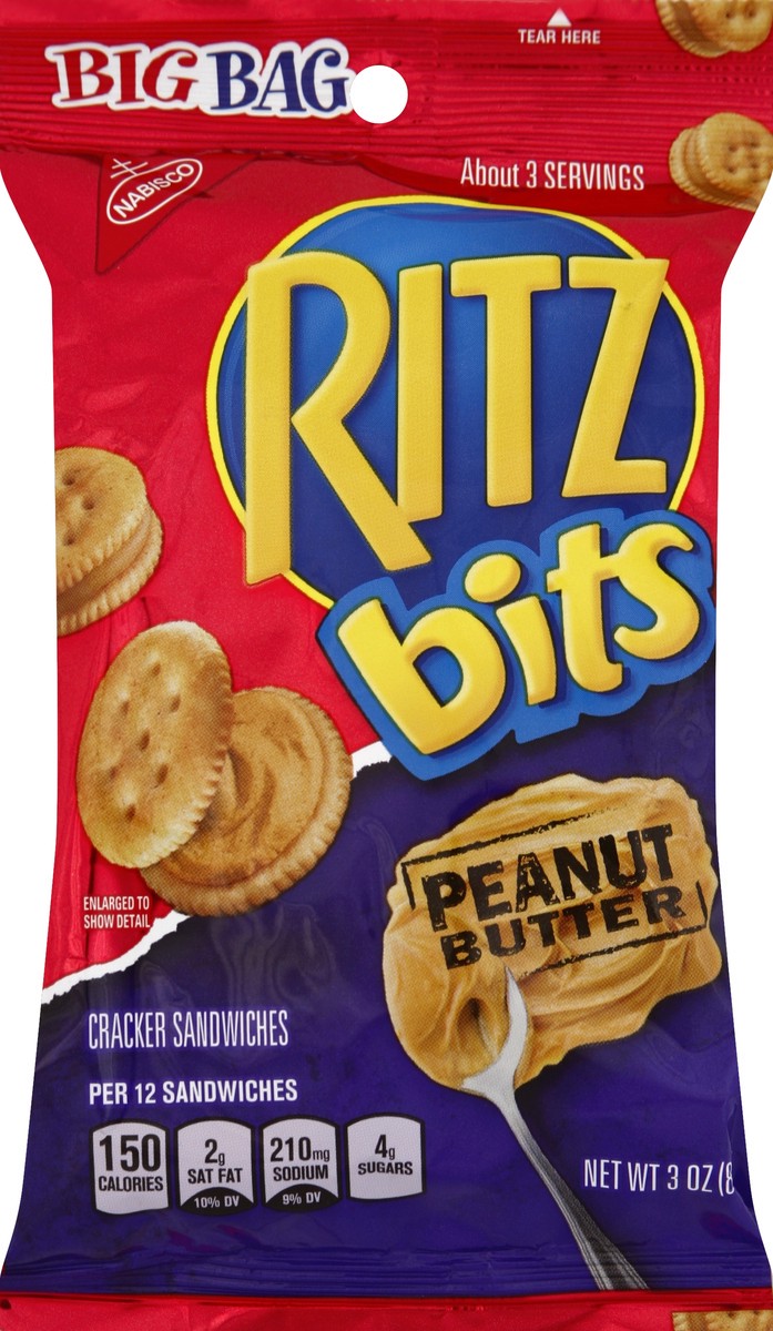 slide 3 of 7, RITZ Bits Peanut Butter Crackers Sandwiches, Big Bag, 3 oz, 0.19 lb