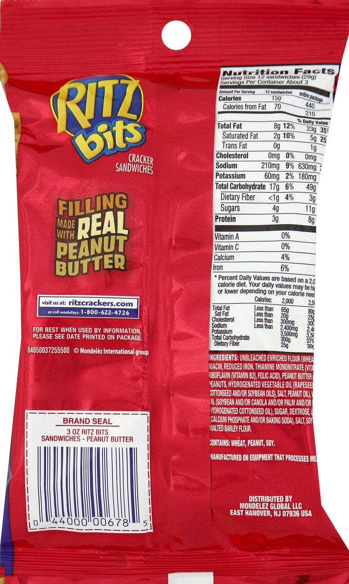 slide 2 of 7, RITZ Bits Peanut Butter Crackers Sandwiches, Big Bag, 3 oz, 0.19 lb