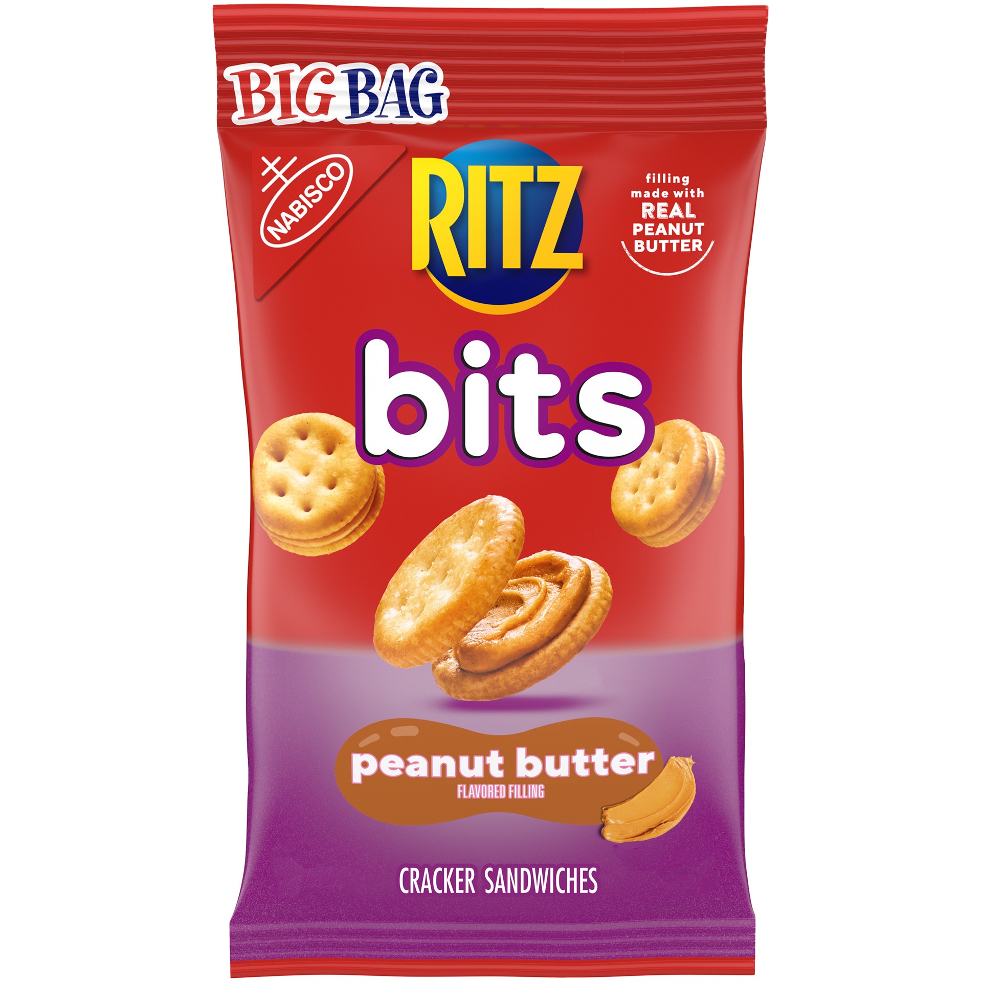 slide 1 of 7, RITZ Bits Peanut Butter Crackers Sandwiches, Big Bag, 3 oz, 0.19 lb