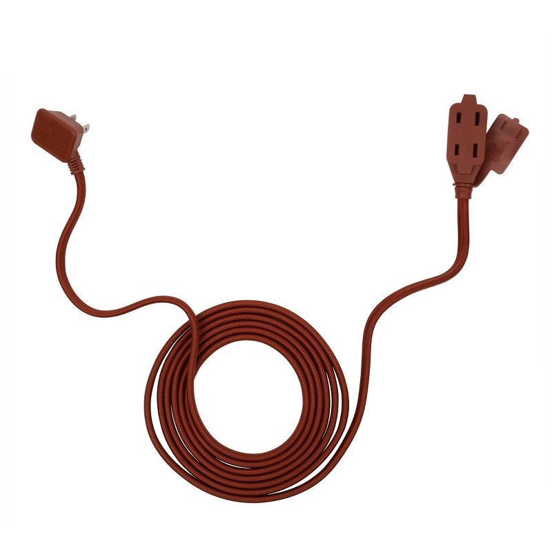 slide 1 of 10, Globe Electric Designer Cord 9 ft, 3 Polarized Outlets, Solid Terracotta Colored Connectors, Right Angle Plug, 9 ft