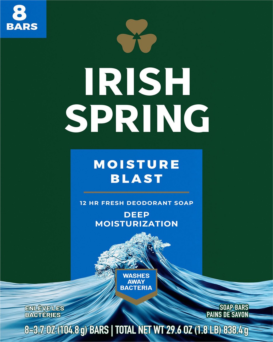 slide 4 of 7, Irish Spring Moisture Blast Deodorant Bar Soap for Men, 3.7 oz, 8 Pack, 8 ct; 3.75 oz