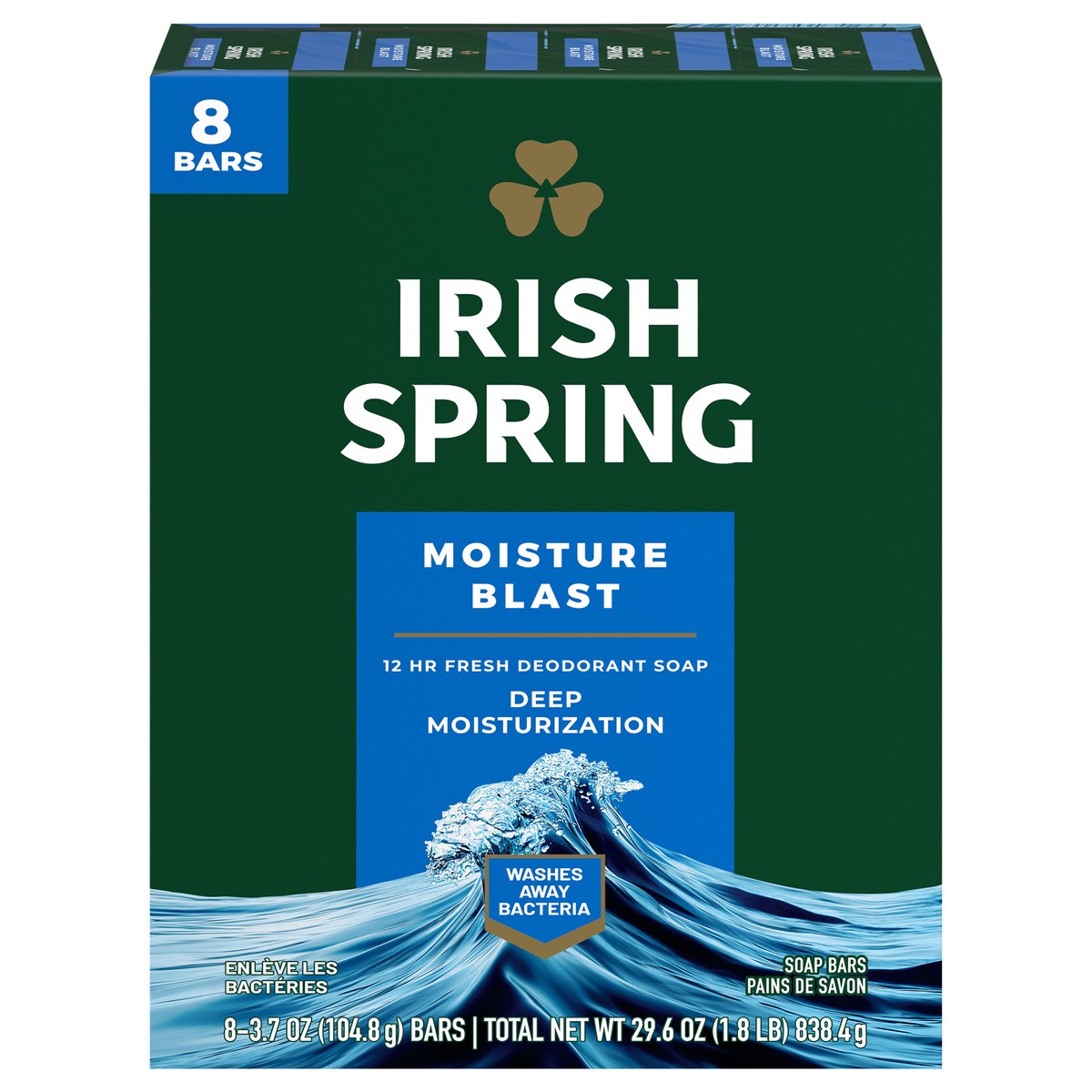 slide 1 of 7, Irish Spring Moisture Blast Deodorant Bar Soap for Men, 3.7 oz, 8 Pack, 8 ct; 3.75 oz