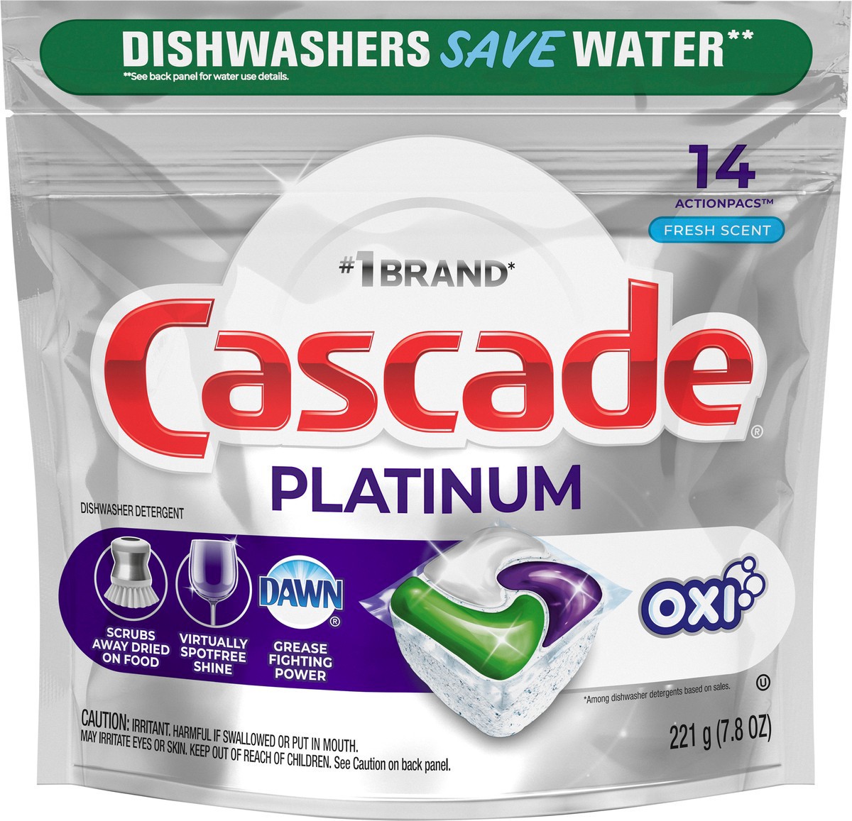 slide 2 of 3, Cascade Platinum Actionpacs + Oxi, Fresh Scent Dishwasher Detergent, 14 ct