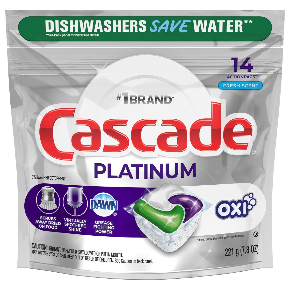 slide 1 of 3, Cascade Platinum Actionpacs + Oxi, Fresh Scent Dishwasher Detergent, 14 ct