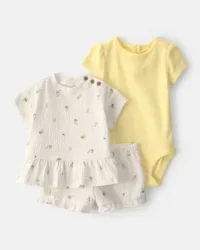 Carter's Baby Girl 3-Piece Lemon Top, Bodysuit & Short Set - Yellow/Ivory - 18M