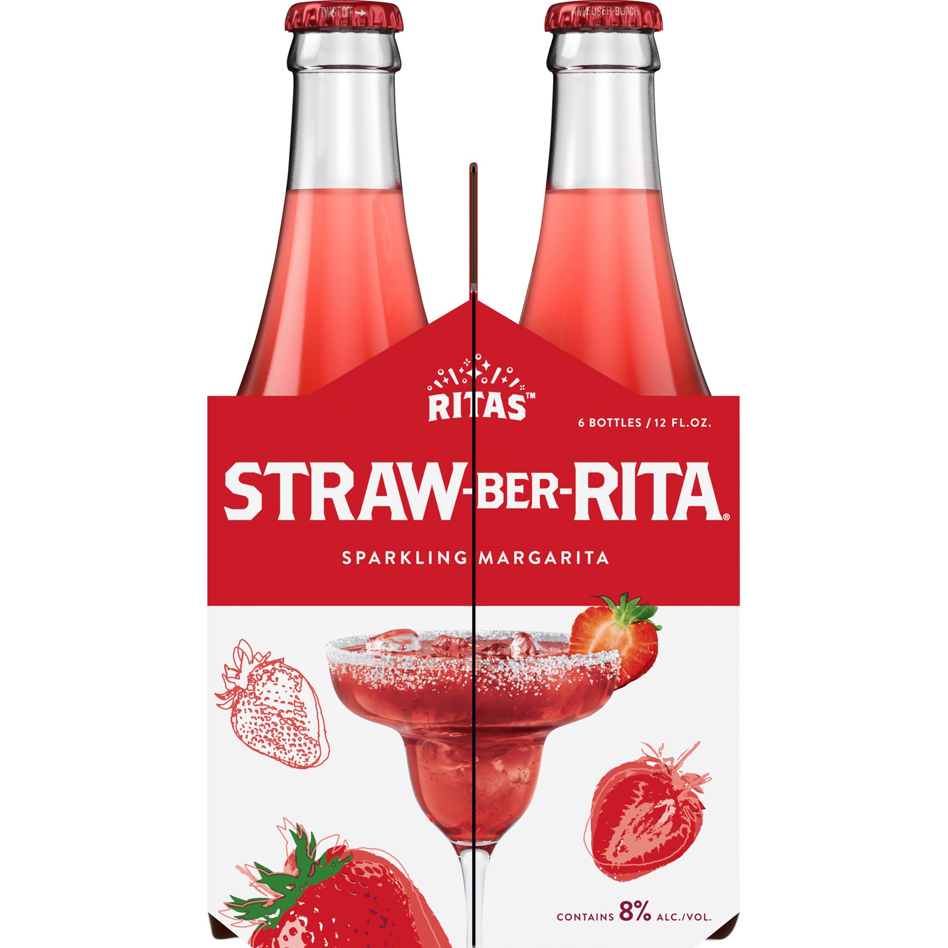 slide 1 of 8, RITAS™ Straw-Ber-Rita Sparkling Margarita, 6 Pack 12 fl. oz. Bottles, 6 ct