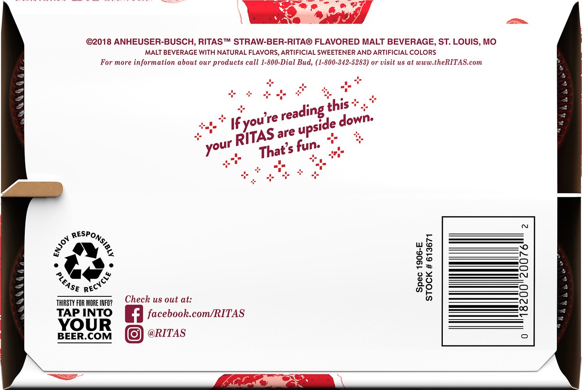 slide 7 of 8, RITAS™ Straw-Ber-Rita Sparkling Margarita, 6 Pack 12 fl. oz. Bottles, 6 ct