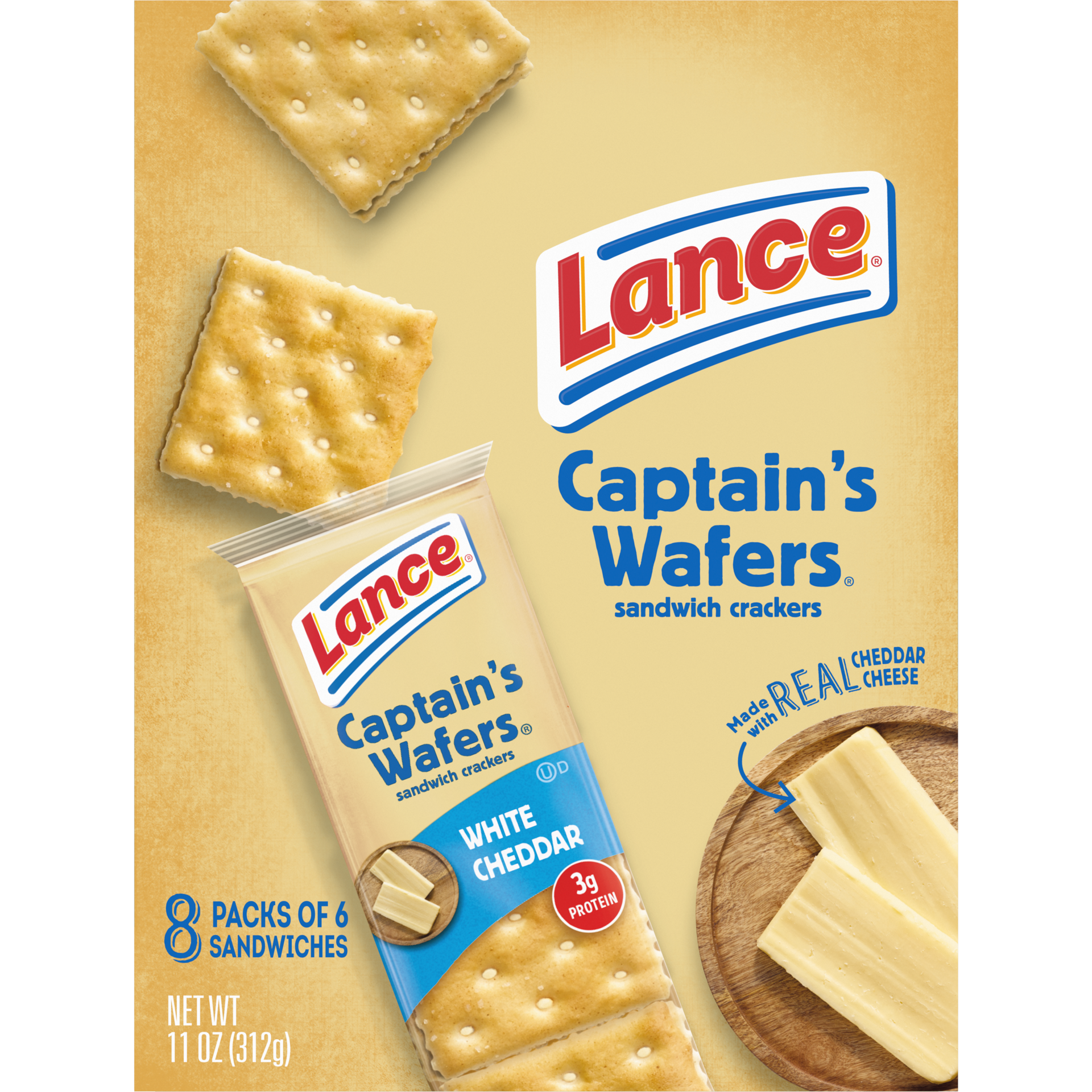slide 3 of 5, Lance Sandwich Crackers, Captain's Wafers White Cheddar, 8 Individual Packs, 6 Sandwiches Each, 11 oz