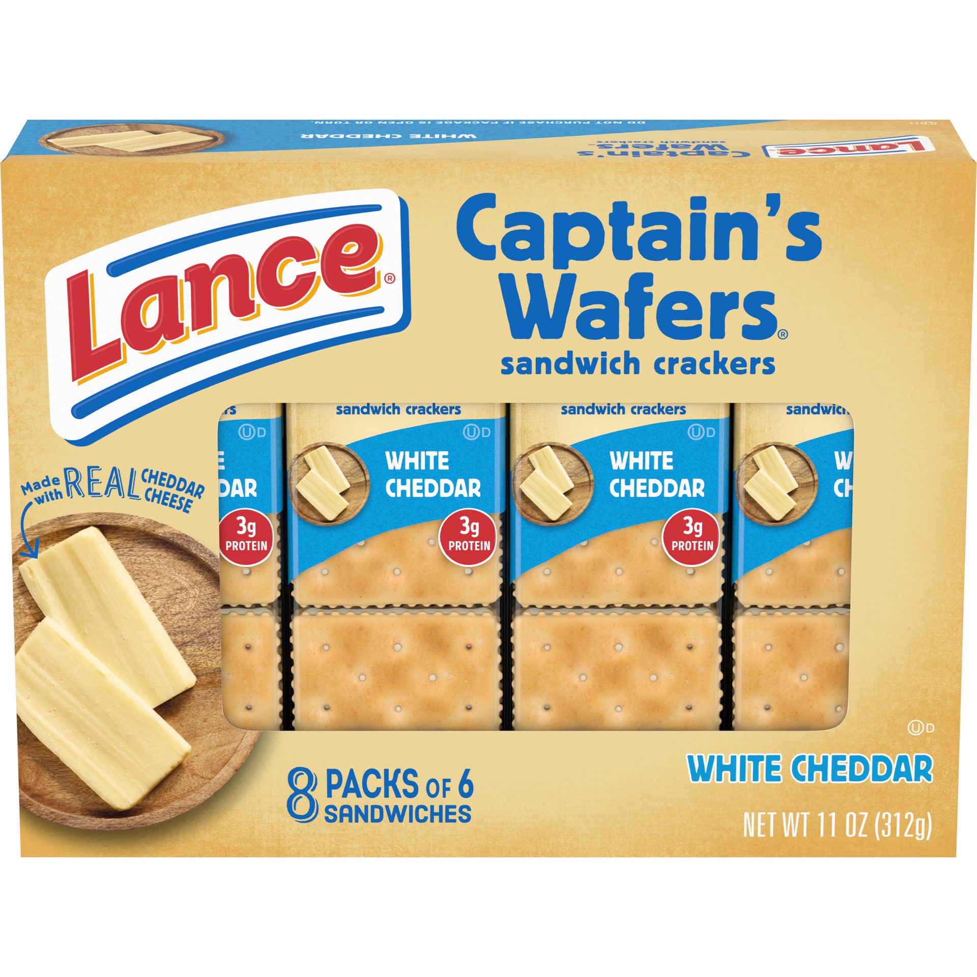 slide 1 of 5, Lance Sandwich Crackers, Captain's Wafers White Cheddar, 8 Individual Packs, 6 Sandwiches Each, 11 oz
