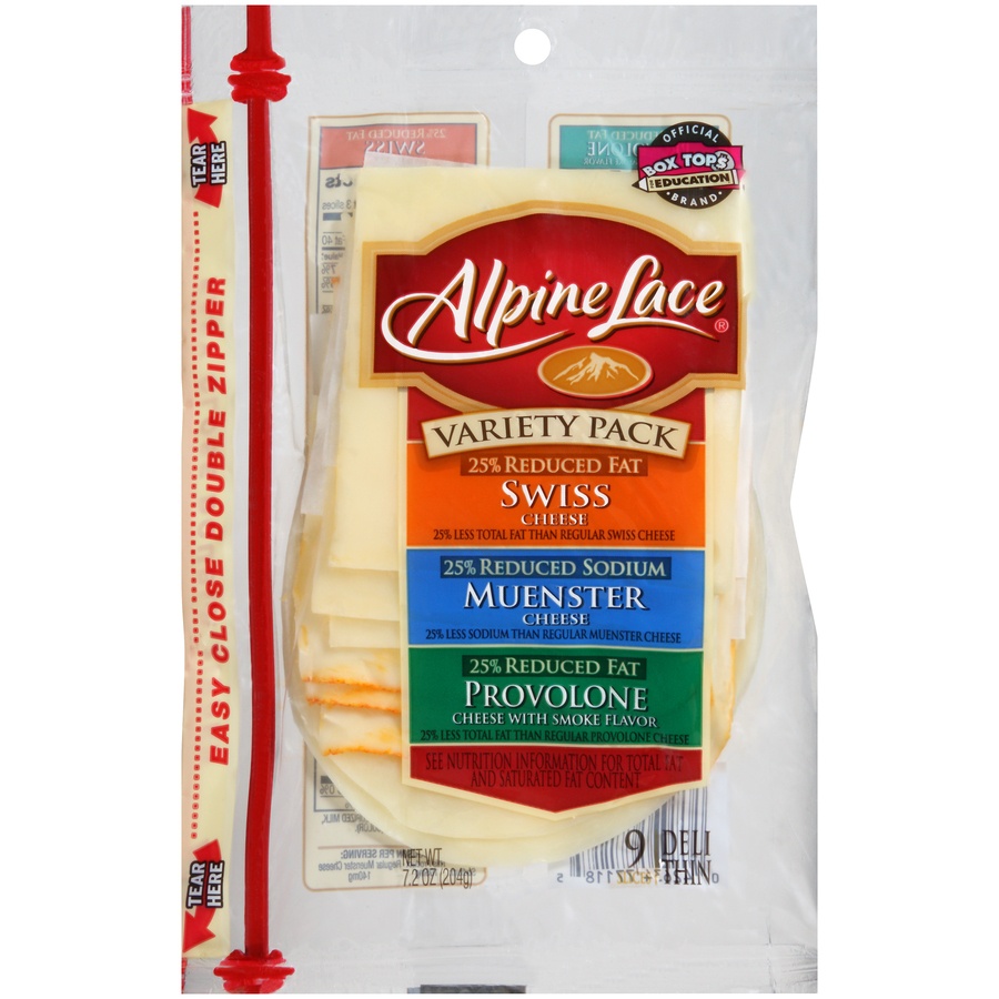 slide 1 of 7, Alpine Lace Swiss/Muenster/Provolone Cheese Variety Pack Deli-Thin Slices, 7.2 oz