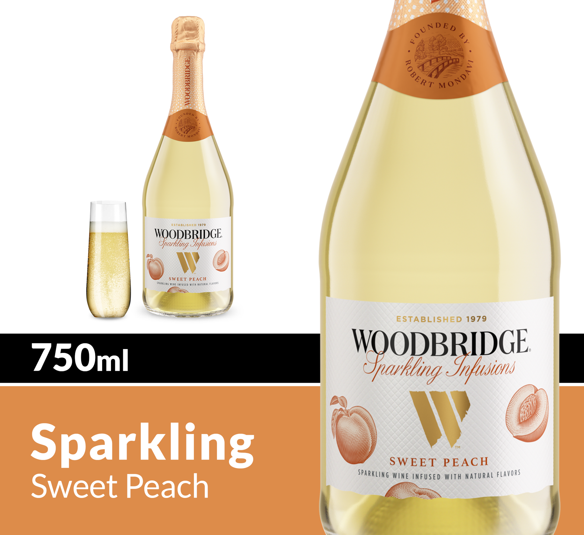 slide 2 of 10, Woodbridge by Robert Mondavi Sparkling Infusions Sweet Peach Sparkling Wine, 750 mL Bottle, 25.35 fl. oz