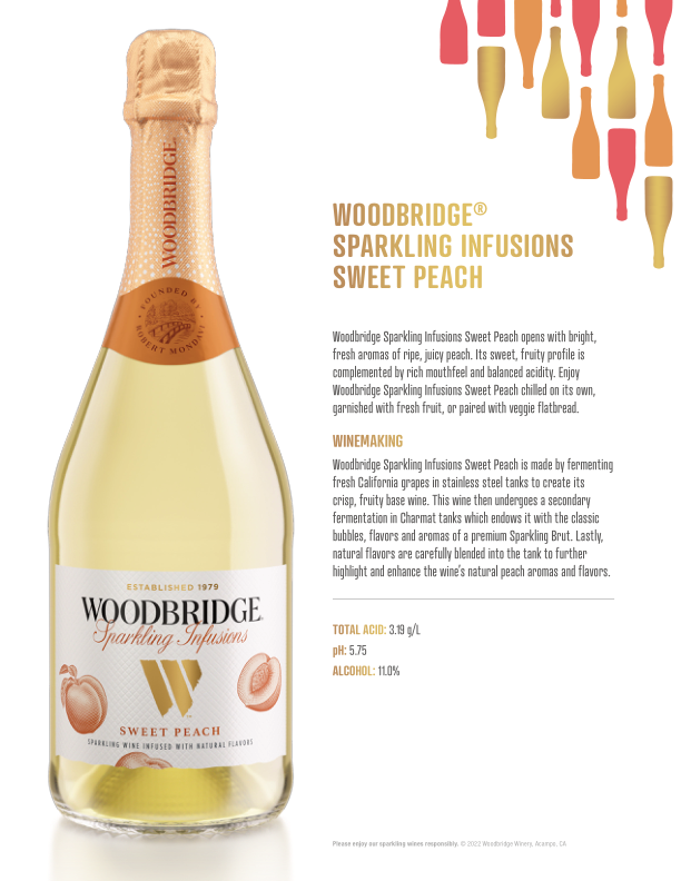 slide 3 of 10, Woodbridge by Robert Mondavi Sparkling Infusions Sweet Peach Sparkling Wine, 750 mL Bottle, 25.35 fl. oz