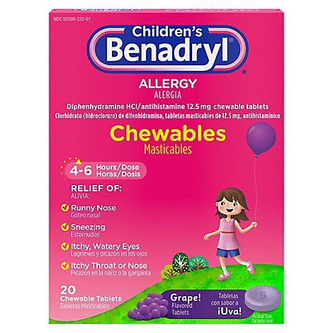 slide 1 of 1, Benadryl Childrens Allergy Tablets 12.5mg Chewable Grape! - 20 Count, 20 ct