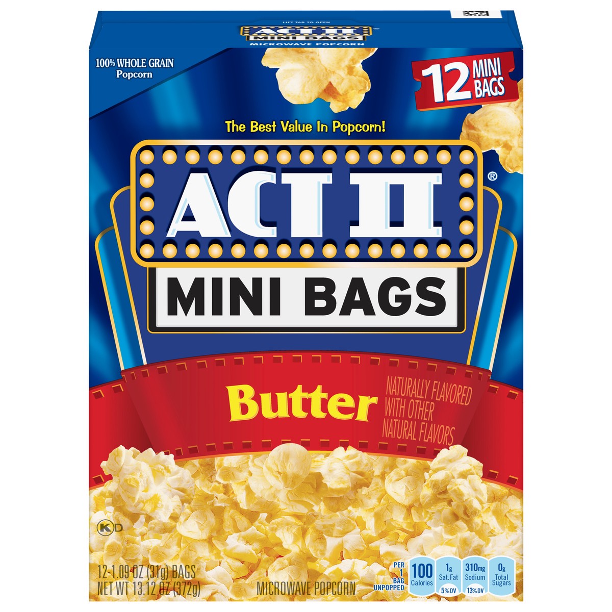 slide 1 of 9, ACT II Mini Bags Butter Microwave Popcorn 12 - 1.09 oz Bags, 12 ct