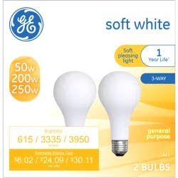 GE Neral Electric Soft White 50-200-250w Incandescent 3-Way Frosted Neral Purpose A21 Light Bulbs (2-Pack)