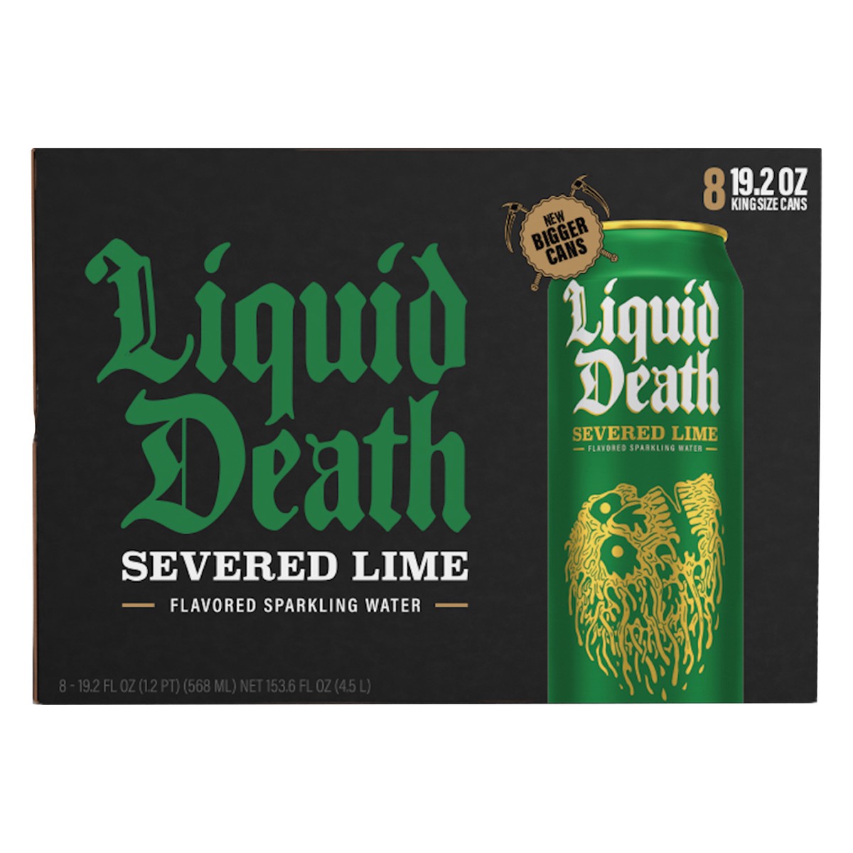 slide 1 of 6, Liquid Death Sparkling Water, Severed Lime, 19.2 oz King Size Cans (8-Pack), 8 ct