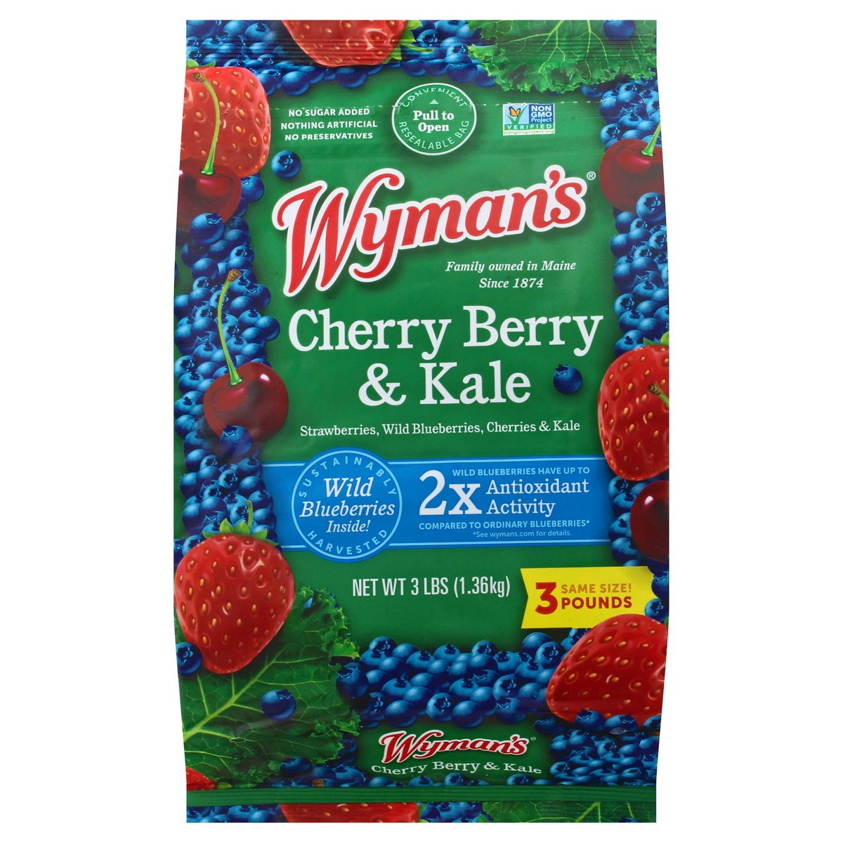 slide 1 of 6, Wyman's of Maine Cherry Berry With Kale Frozen Fruit, 3 lb