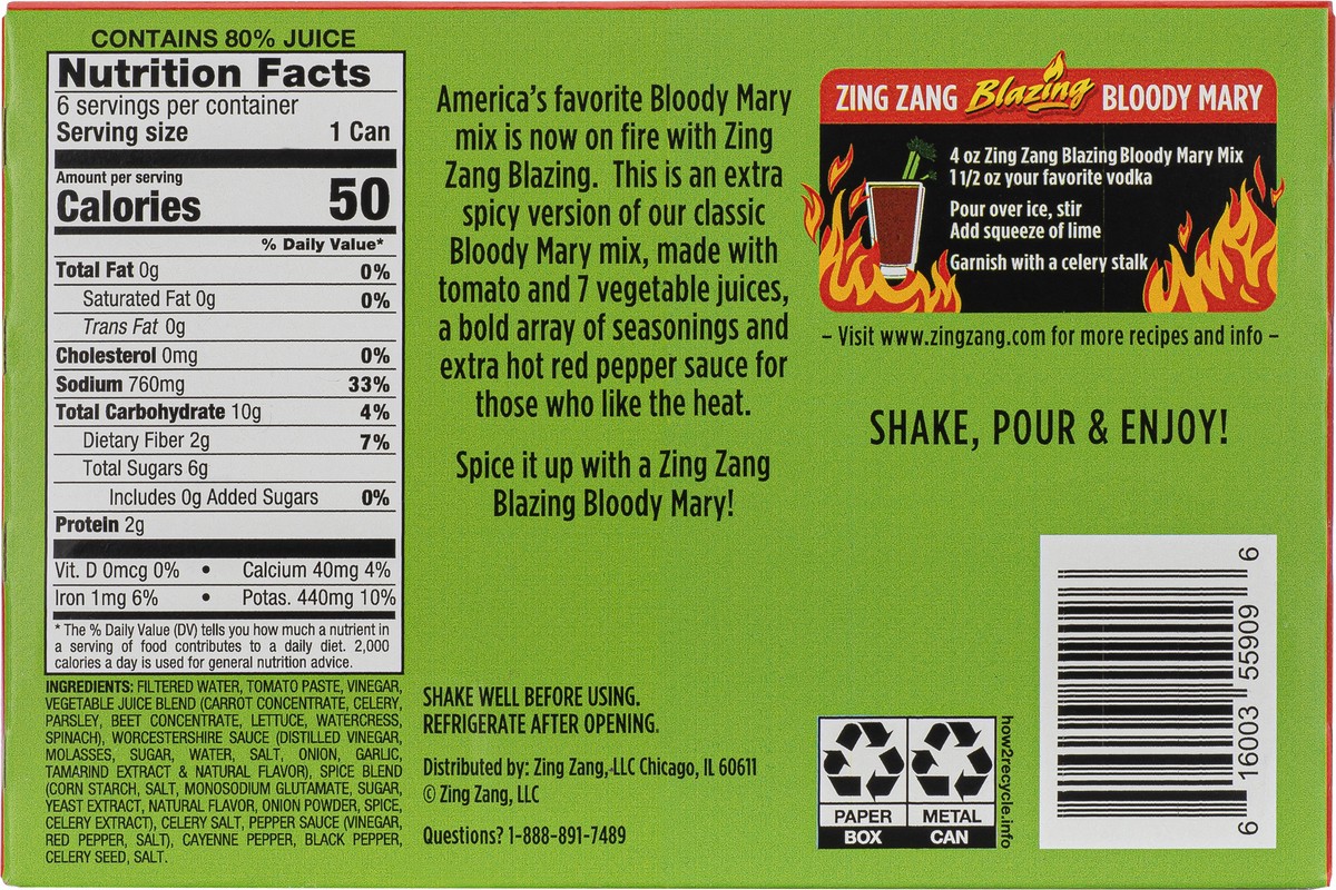slide 5 of 13, Zing Zang Blazing Bloody Mary Mix, Non-Alcoholic Cocktail Mixer, 7.5 Fl Oz Cans (Pack of 6), 6 ct