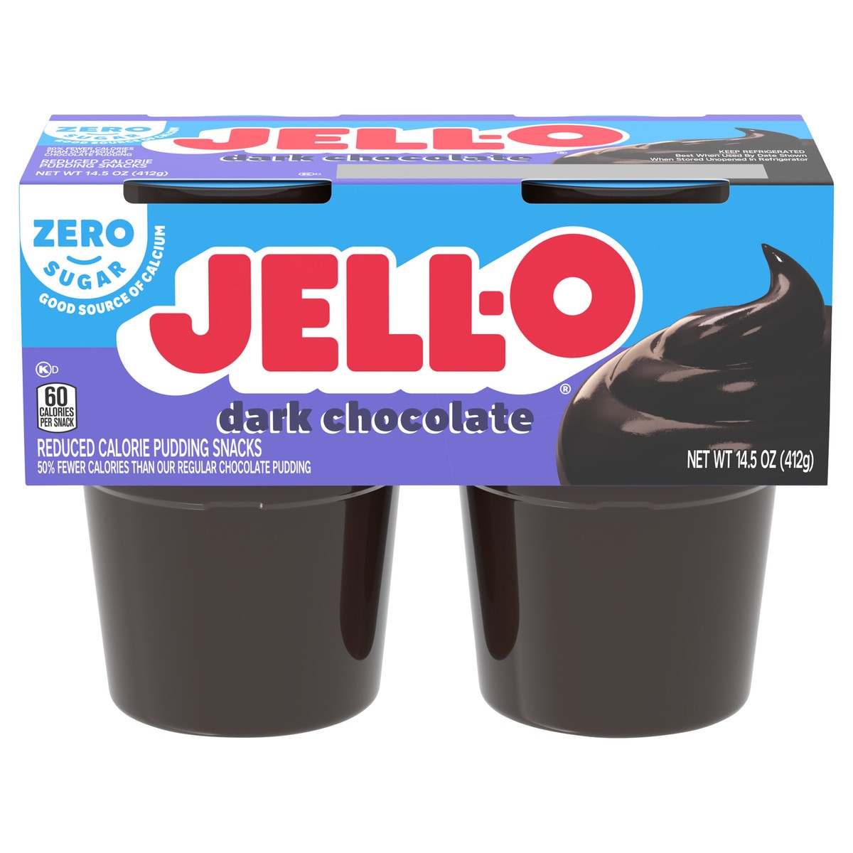 slide 1 of 5, Jell-O Dark Chocolate Zero Sugar Ready-to-Eat Pudding Snack Cups, 4 ct Cups, 14.5 oz