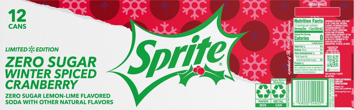 slide 6 of 8, Sprite Winter Spiced Cranberry Zero Sugar Fridge Pack Cans- 12 ct, 12 ct; 12 oz