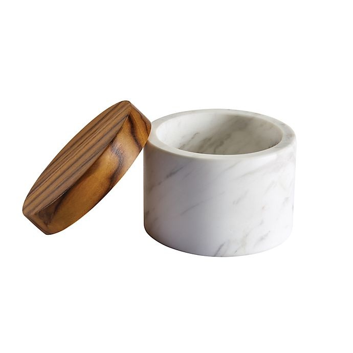 slide 1 of 4, Anolon Pantryware White Marble Salt Cellar with Teak Wood Lid, 1 ct