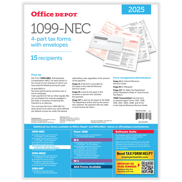 slide 2 of 4, Office Depot® 1099-NEC Laser Tax Forms And Envelopes, 4-Part, 3-Up, 8-1/2"" x 11"", Pack Of 15 Form Sets, 1 ct