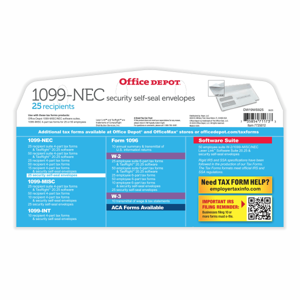 slide 2 of 3, Office Depot® Double-Window Self-Seal Envelopes For 1099-NEC 3-Up Tax Forms, 8-3/8"" x 3-7/8"", Pack Of 25 Envelopes, 1 ct