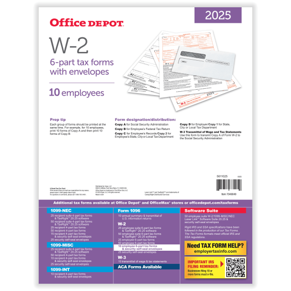 slide 3 of 4, Office Depot® W-2 Laser Tax Forms And Envelopes, 6-Part, 2-Up, 8-1/2"" x 11"", Pack Of 10 Form Sets, 5611025, 1 ct