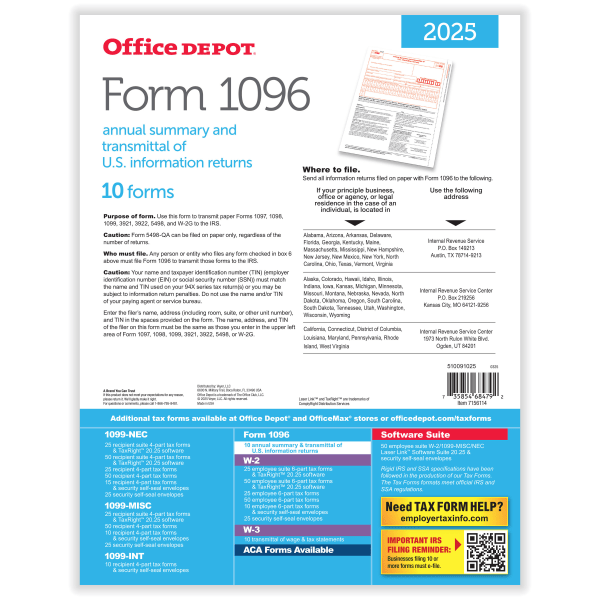slide 3 of 4, Office Depot® 1096 Laser Tax Forms, 1-Part, 8-1/2"" x 11"", Pack Of 10 Forms, 510091025, 1 ct