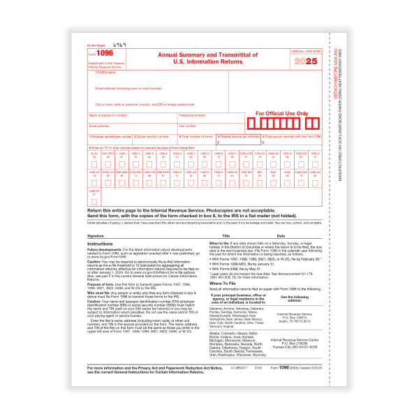 slide 2 of 4, Office Depot® 1096 Laser Tax Forms, 1-Part, 8-1/2"" x 11"", Pack Of 10 Forms, 510091025, 1 ct