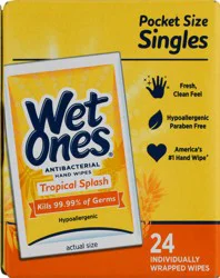 Wet Ones Singles Pocket Size Antibacterial Tropical Splash Hand Wipes 24 ea
