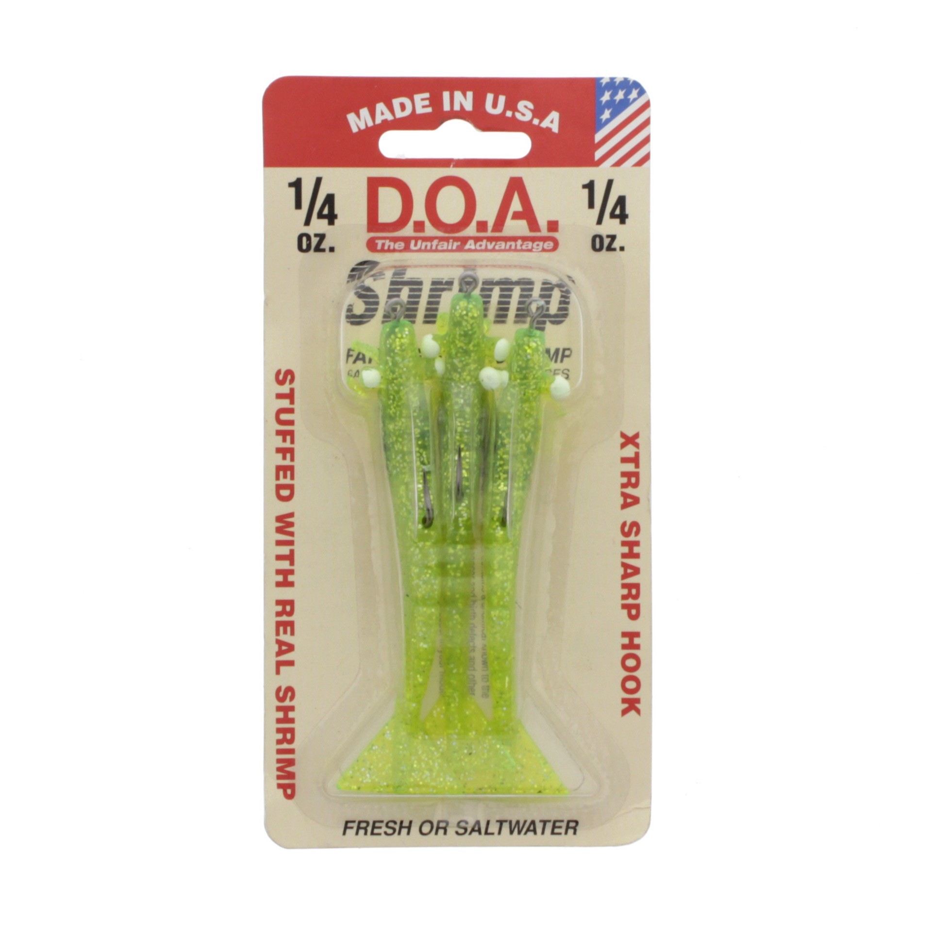 slide 1 of 1, D.O.A. Chartreuse 3 Inch Flavored Shrimp Lure, 3 ct
