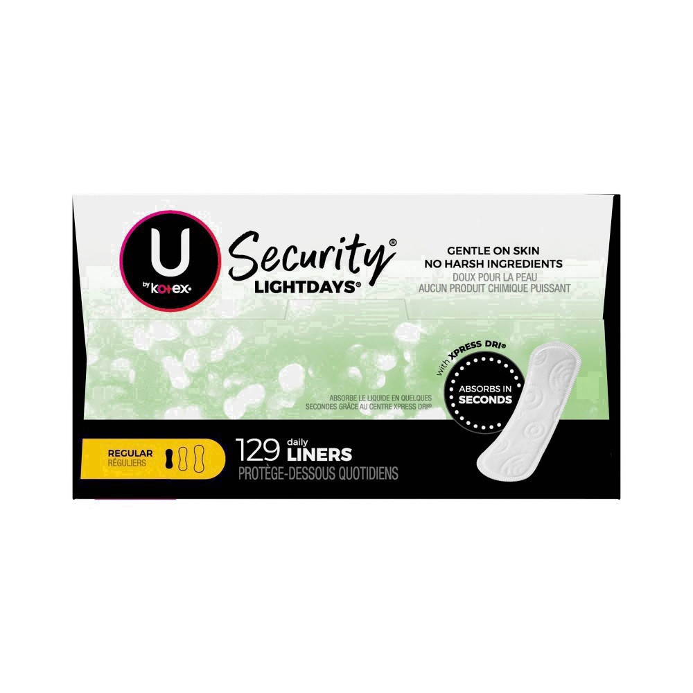 slide 32 of 124, U by Kotex Clean & Secure Fragrance Free Panty Liners - Light Absorbency - 129ct, 129 ct