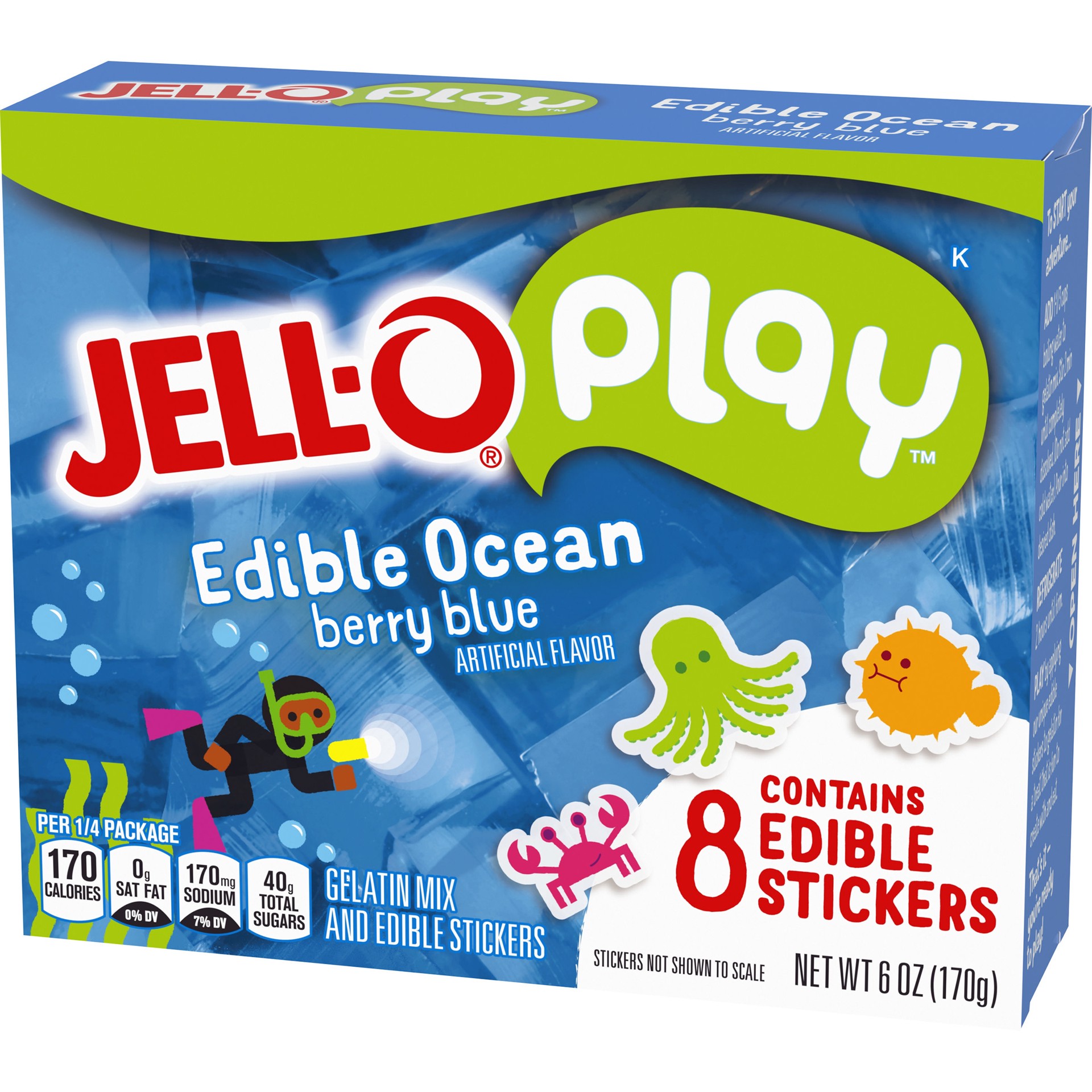 slide 2 of 10, Jell-O Play Edible Ocean Berry Blue Gelatin Mix & Edible Stickers Kit, 6 oz