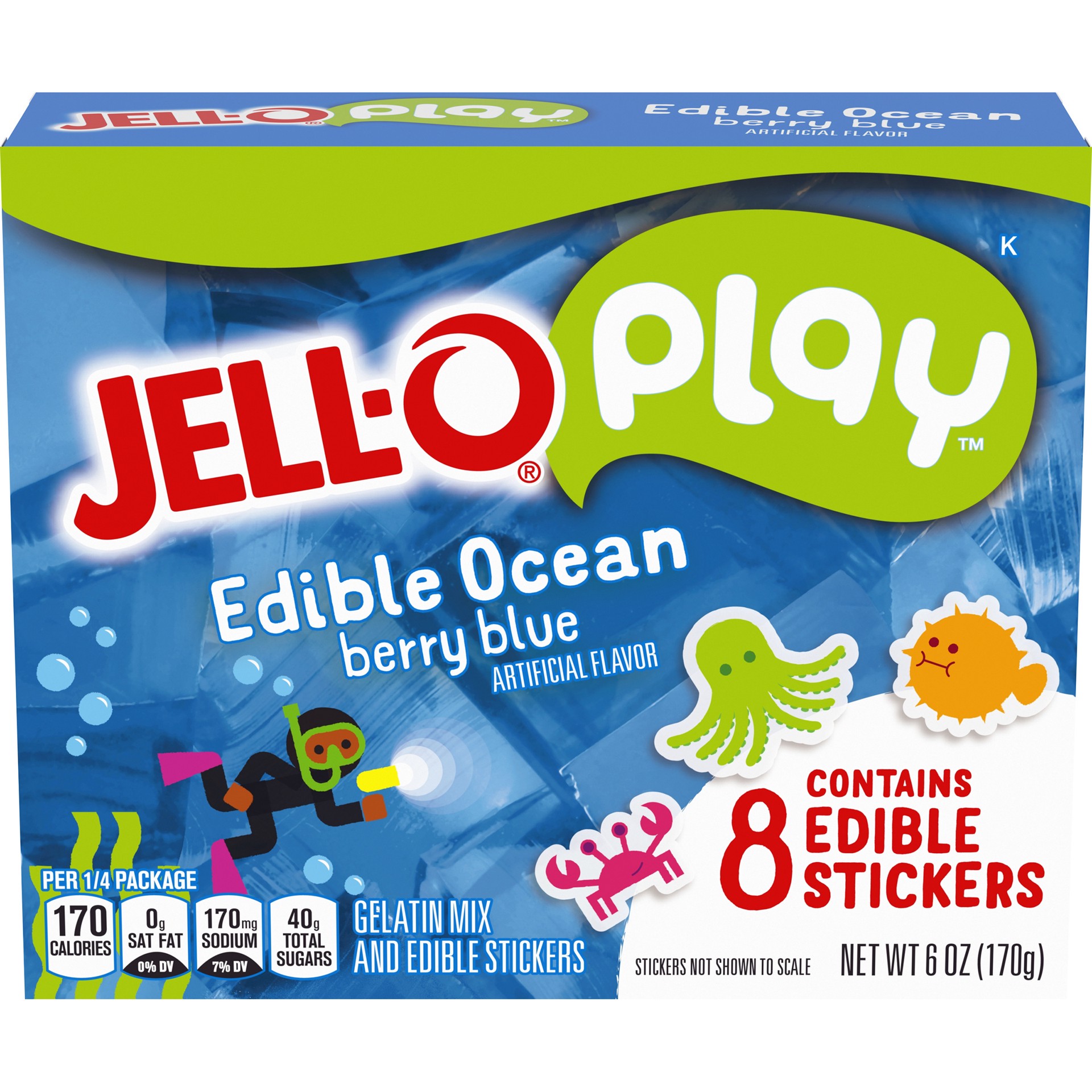 slide 4 of 10, Jell-O Play Edible Ocean Berry Blue Gelatin Mix & Edible Stickers Kit, 6 oz