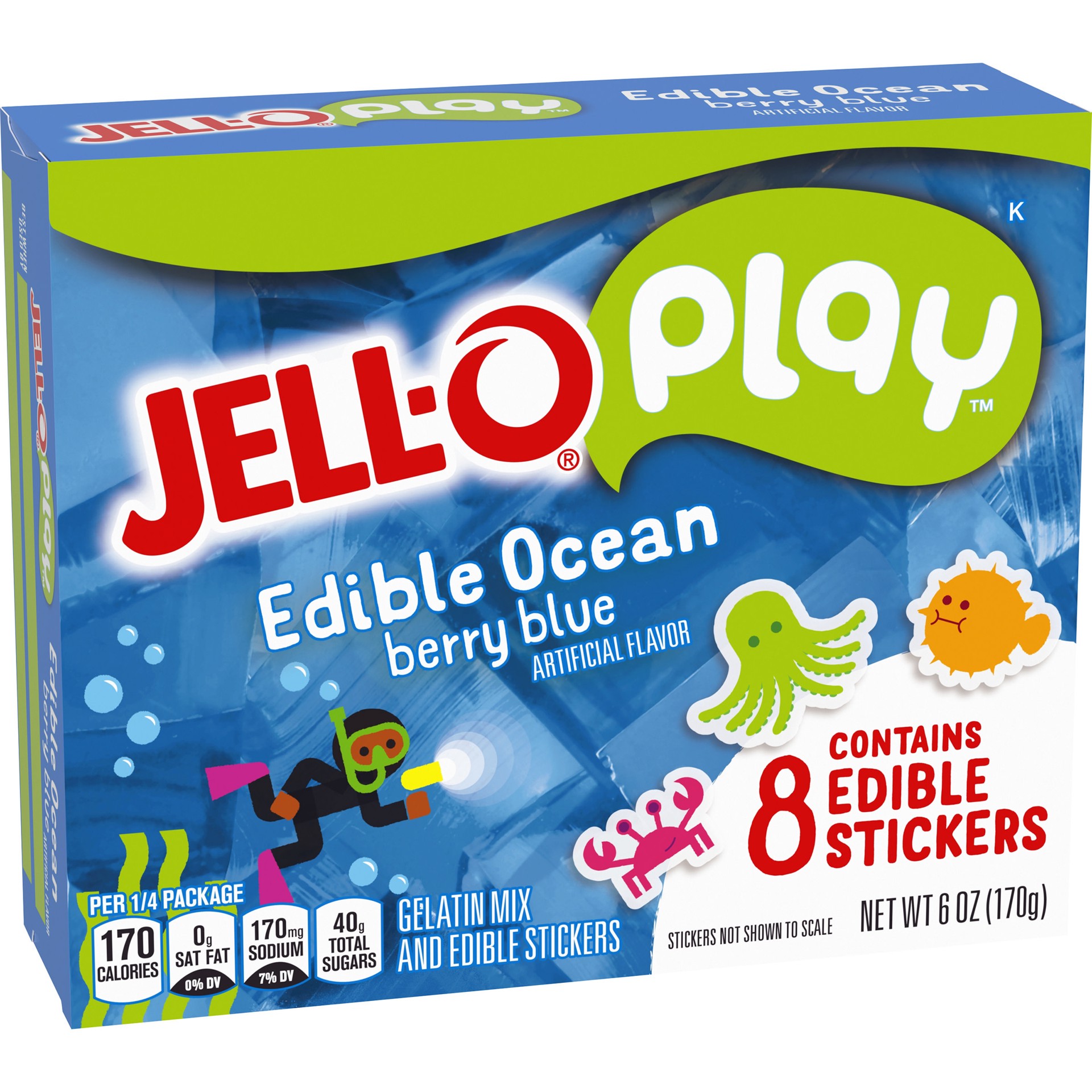 slide 5 of 10, Jell-O Play Edible Ocean Berry Blue Gelatin Mix & Edible Stickers Kit, 6 oz