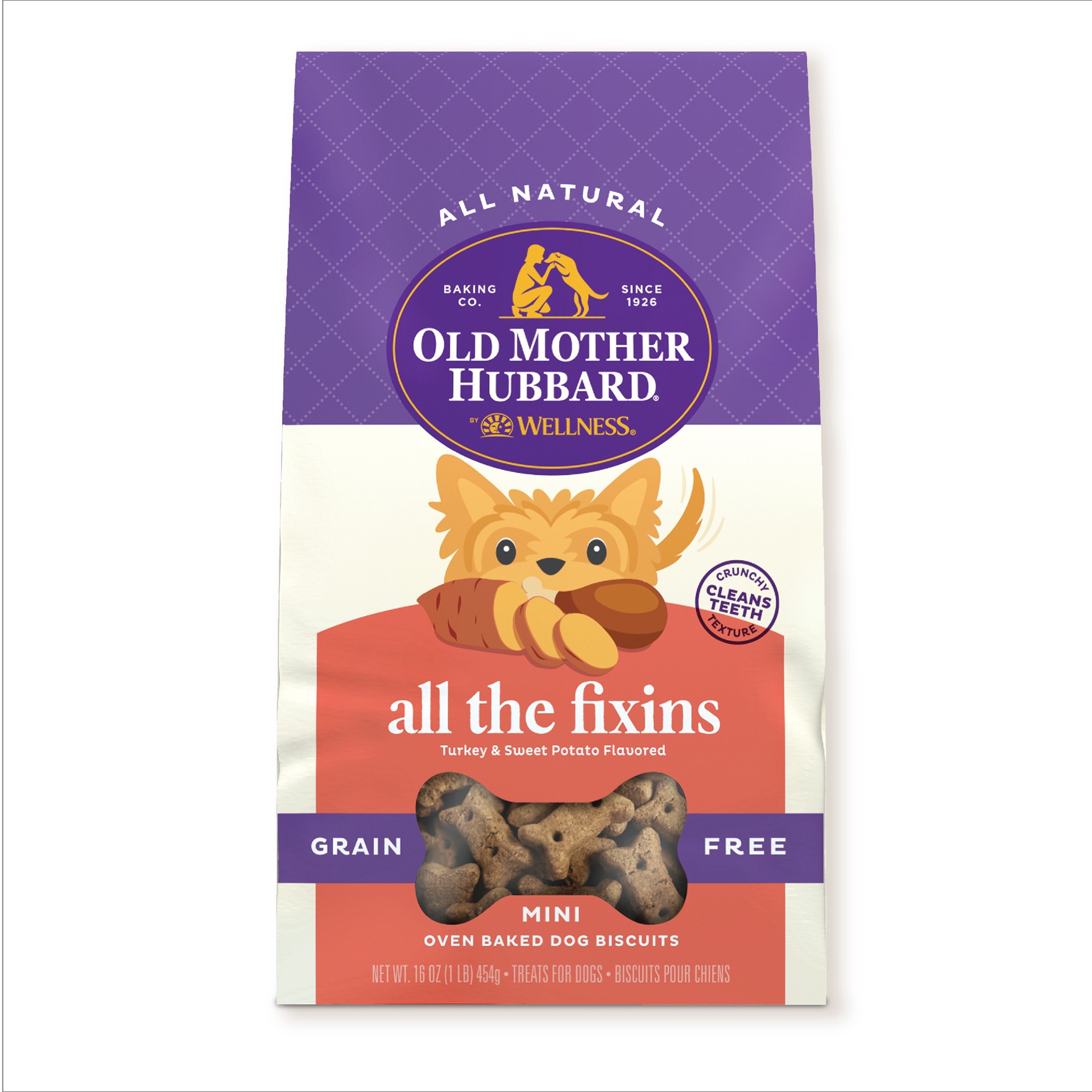 slide 1 of 4, Old Mother Hubbard by Wellness All The Fixins Grain Free Natural Mini Oven-Baked Biscuits Dog Treats, 16 Ounce Bag, 1 ct