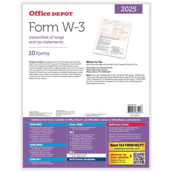 slide 2 of 3, Office Depot® W-3 Laser Tax Forms, 1-Part, 8-1/2"" x 11"", Pack Of 10 Forms, 520091025, 1 ct