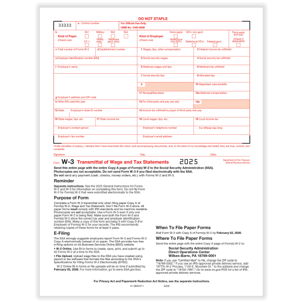 slide 3 of 3, Office Depot® W-3 Laser Tax Forms, 1-Part, 8-1/2"" x 11"", Pack Of 10 Forms, 520091025, 1 ct