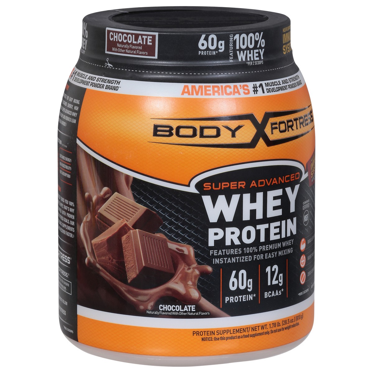 slide 5 of 9, Body Fortress Super Advanced 100% Premium Whey Protein Powder, Chocolate, 60g Protein & 12g BCAAs Per 2 Scoops, Muscle Gain & Recovery, Immune Support with Vitamins C & D, 1.78lbs (Packaging May Vary), 1.78 lb