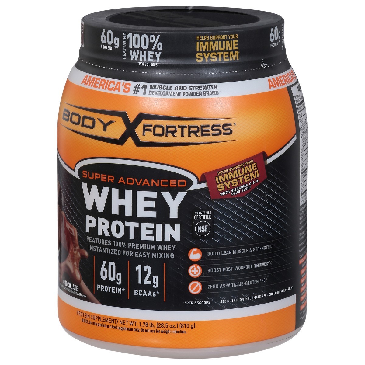 slide 3 of 9, Body Fortress Super Advanced 100% Premium Whey Protein Powder, Chocolate, 60g Protein & 12g BCAAs Per 2 Scoops, Muscle Gain & Recovery, Immune Support with Vitamins C & D, 1.78lbs (Packaging May Vary), 1.78 lb
