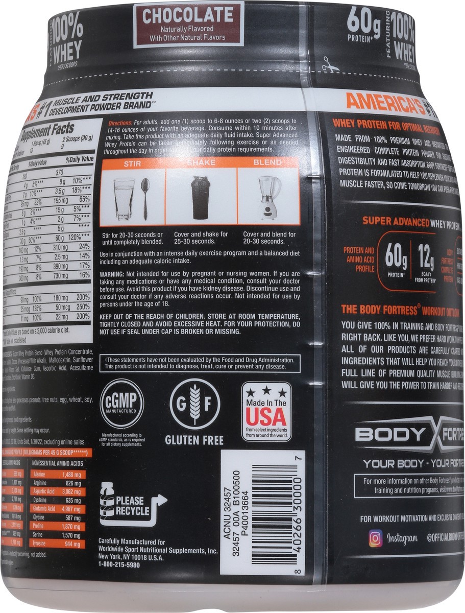 slide 2 of 9, Body Fortress Super Advanced 100% Premium Whey Protein Powder, Chocolate, 60g Protein & 12g BCAAs Per 2 Scoops, Muscle Gain & Recovery, Immune Support with Vitamins C & D, 1.78lbs (Packaging May Vary), 1.78 lb