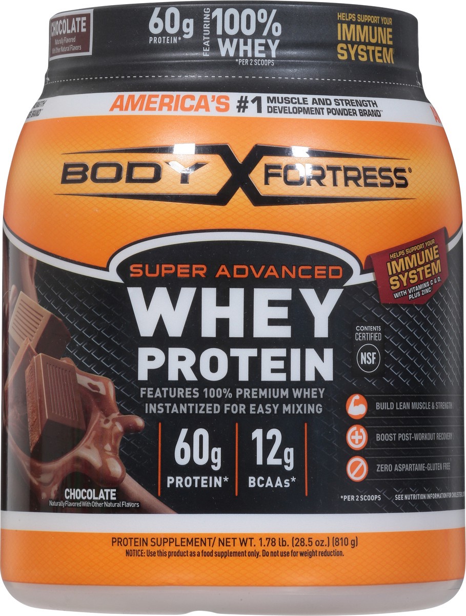 slide 4 of 9, Body Fortress Super Advanced 100% Premium Whey Protein Powder, Chocolate, 60g Protein & 12g BCAAs Per 2 Scoops, Muscle Gain & Recovery, Immune Support with Vitamins C & D, 1.78lbs (Packaging May Vary), 1.78 lb