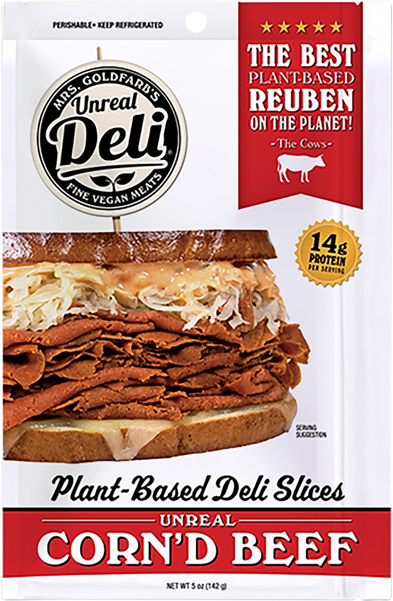 slide 3 of 3, Unreal Deli CORN'D BEEF - Plant Based Deli Meat - SLICES, 1 ct