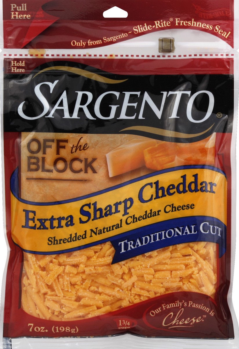 slide 1 of 7, Sargento Off The Block Extra Sharp Cheddar Traditional Cut Shredded Cheese, 7 oz