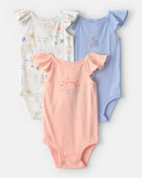 Baby Girl 3-Pack Beach Flutter-Sleeve Bodysuits - Orange/Blue/Ivory 12M