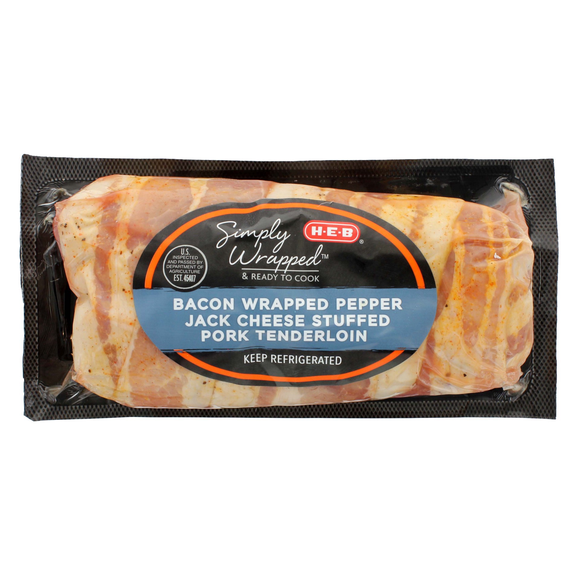 slide 1 of 1, H-E-B Bacon Wrapped Pork Tenderloin with Pepper Jack Cheese, 1 lb