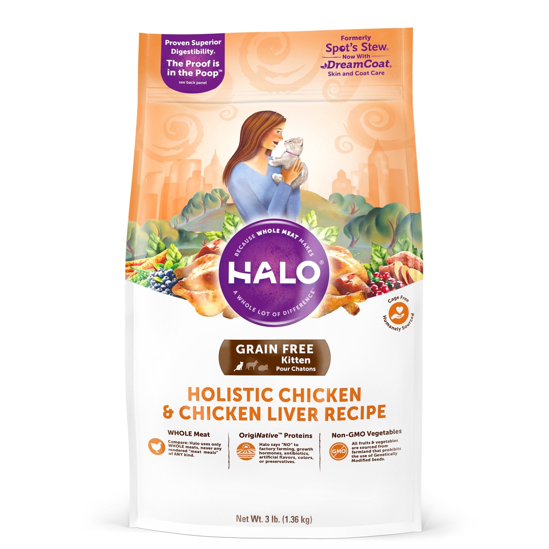 slide 1 of 1, Halo Grain Free Kitten Holistic Chicken & Chicken Liver Dry Cat Food, 3 lb
