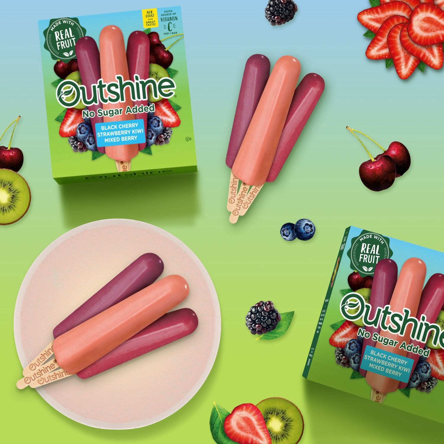 slide 30 of 45, Outshine Assorted No Sugar Added Black Cherry/Strawberry Kiwi/Mixed Berry Fruit Ice Bars 12 ea, 12 ct